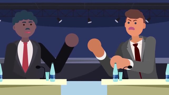 2D Animated Two Male News Anchors Presenting Live News Broadcast in TV Studio Flat Vector Character Animation Footage