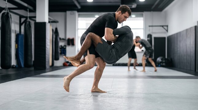 MMA fighters practicing a wrestling takedown and body slam during a training session in a gym