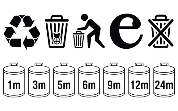 Packaging compliance symbols featuring recycling, trash bin, CE, WEEE, and shelf life icons from 1M to 24M for product labels