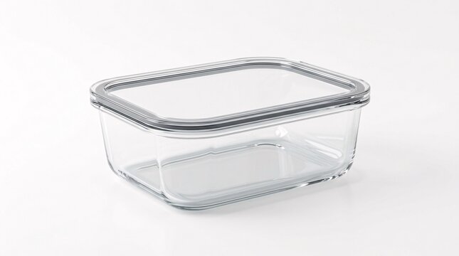 Transparent empty glass food container dish with clear plastic sealing lid isolated on white background.