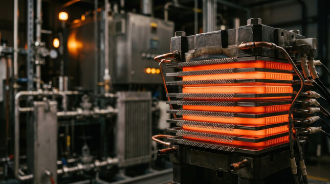 Industrial hydrogen fuel cell stack glowing inside a factory