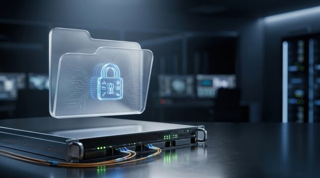 Padlock floating above server ch, advanced enterprise technology and data infrastructure concept