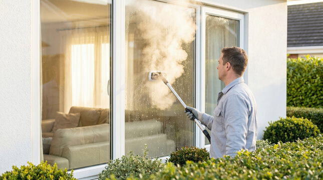 Window cleaning service with steam cleaner performed by man outside modern house, professional home maintenance and hygiene concept.
