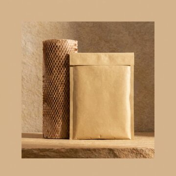 Eco-friendly padded mailer envelope standing beside a roll of honeycomb packing paper on textured