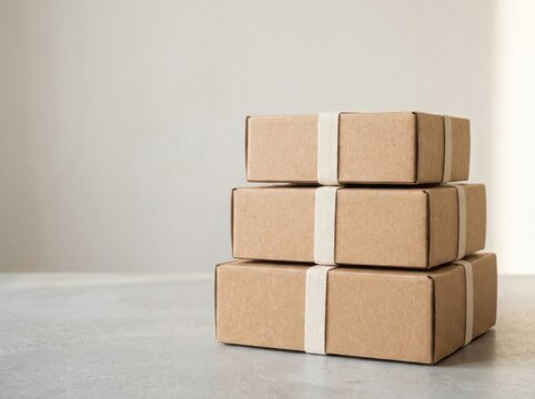 Stack of three cardboard boxes tied with string on light grey background stacked boxes brown boxes