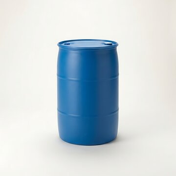 Large blue plastic storage barrel or industrial chemical drum. 55 gallon