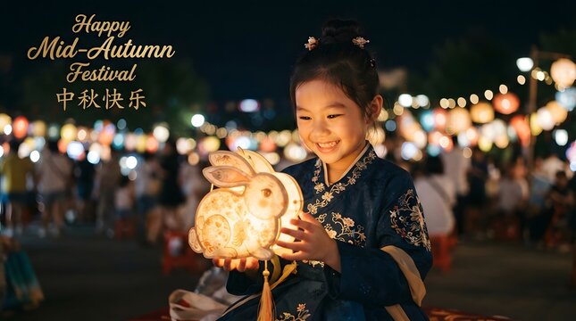 Happy young girl holding a glowing rabbit lantern during the midautumn festival night celebration