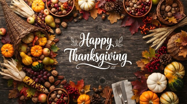 Happy thanksgiving text framed with autumn harvest pumpkins, cornucopia, leaves, and nuts on dark wood