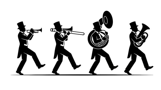 Silhouette illustration of a marching band with top hats playing brass instruments, isolated on white background