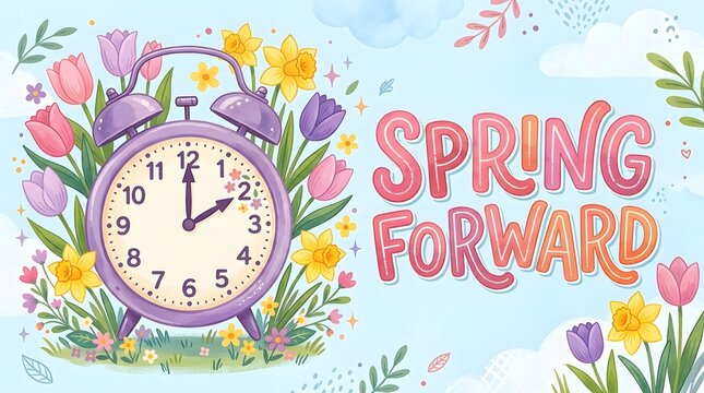 Spring forward daylight savings time concept with flowers and vintage alarm clock