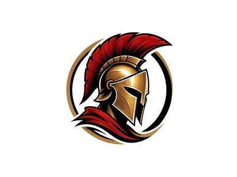 Spartan warrior helmet icon with red crest in a circular frame for sports team logo design