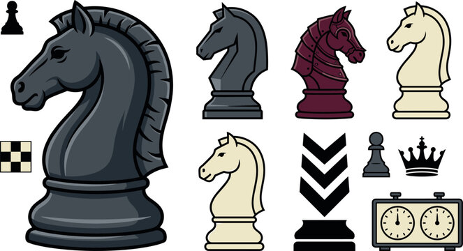 Chess Knight Piece and Strategy Board Game Vector Set