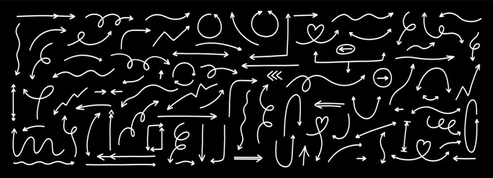 Chalk Doodle Thin Line Arrow Icon Set. White Handdrawn Spiral Down Arrow Shape Kit. Hand Drawn Vector Illustration in Black Bg