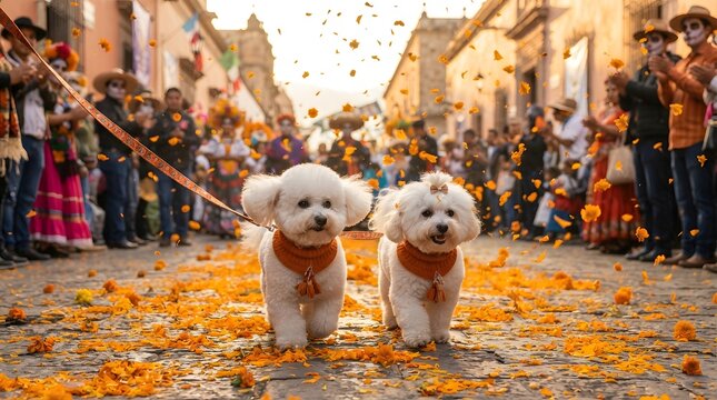 Two cute white dogs walking on cobblestone street during dia de los muertos parade