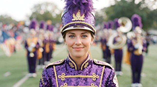 Closeup portrait of smiling young woman in purple sequin marching band uniform
