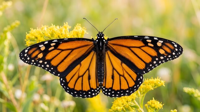 A vibrant monarch butterfly rests on yellow wildflowers in a lush garden setting