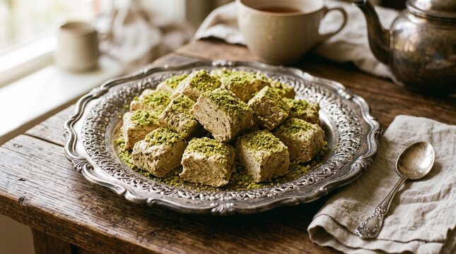 Sweet cubes of pistachio halva served on silver ornate plate for afternoon tea break time.