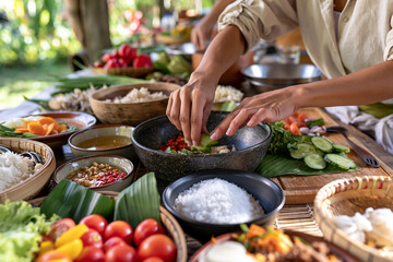 Obraz premium Hands arrange fresh ingredients on a vibrant table. Colorful vegetables and spices surround the bowl. Natural light enhances the tropical setting. Culinary preparation feels warm and inviting