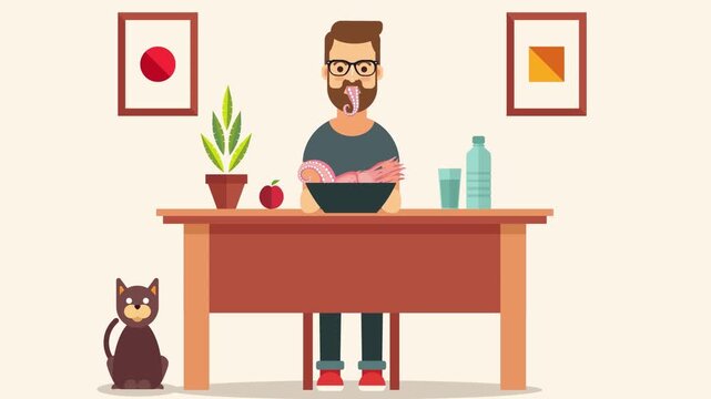 2D Animated Man Sitting at Wooden Office Desk in Room Interior with Pet Cat Flat Vector Character Animation Footage
