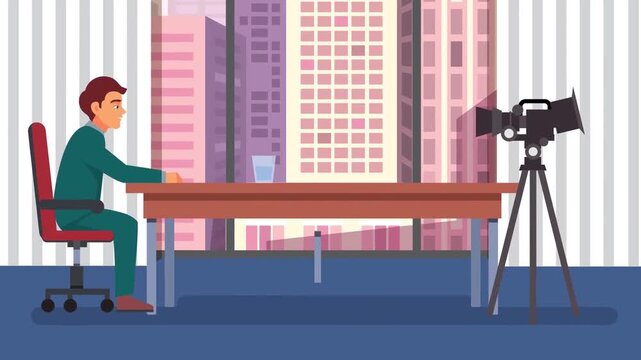 2D Animated Film Crew Filming Man Interview with Video Camera in Studio Room Flat Vector Character Animation Footage