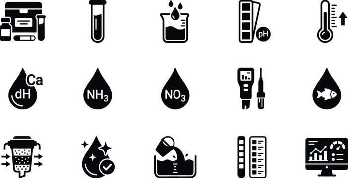 Water Quality Testing Icons Set Flat Design Black And White Isolated Vector Illustration