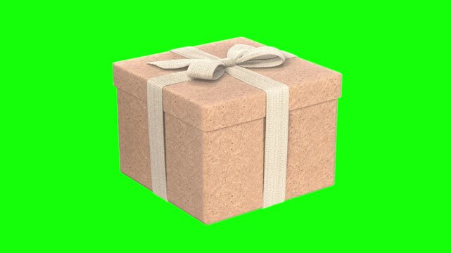 3D Rendered Eco-Friendly Cardboard Gift Box with Burlap Ribbon Rotating on Green Screen, with luma matte.