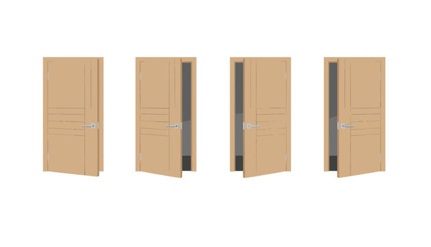 Sequence of four wooden doors shown at different angles of being opened from closed to fully open on white background.