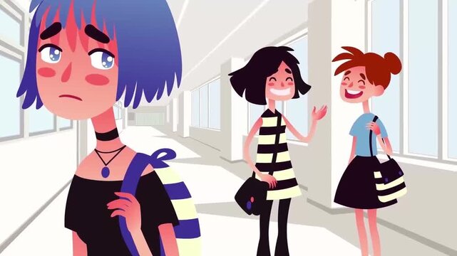 2D Animated Sad Teen Girl Excluded and Bullied by Classmates in School Hallway Flat Vector Character Animation Footage