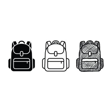 Set of three school backpacks in solid black, outline vector, and hand-drawn sketch styles
