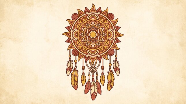 Bohemian style dreamcatcher illustration, intricate mandala pattern, warm earthy colors, rustic textured background, spiritual and decorative design element