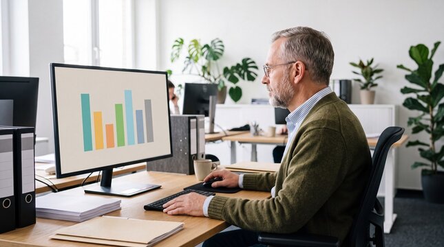 Senior customs declarant analyzing bar chart data in logistics office