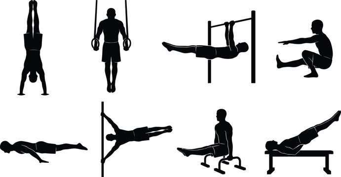 Set of male silhouette figures performing advanced calisthenics, gymnastics, and street workout exercises isolated on white background