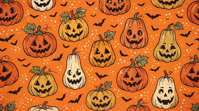 Seamless pattern with cute handdrawn jackolantern pumpkins and flying bats on an orange background for halloween celebration
