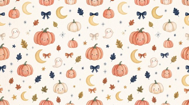 Seamless pattern with cute watercolor pumpkins, ghosts, moons, bows and autumn leaves on a cream background