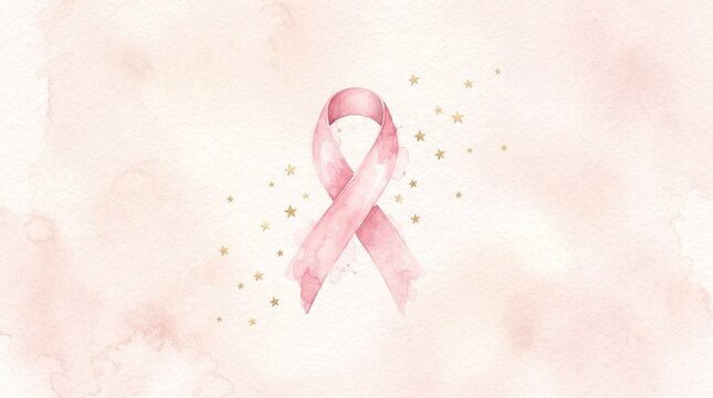 Watercolor pink ribbon awareness symbol with gold stars on a soft pastel background, representing breast cancer awareness and support