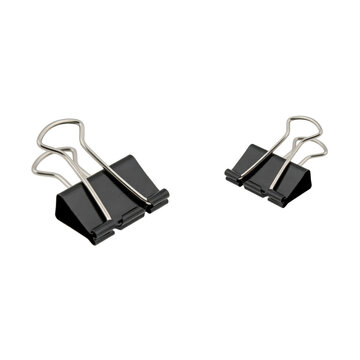 Two black metal binder clips with silver wire arms for securing paper documents on a white background, isolated on a, transparent background