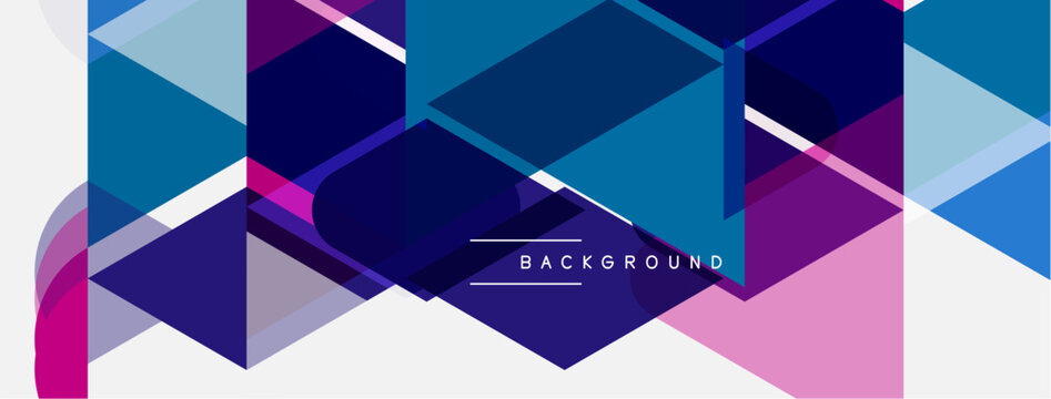 Abstract geometric shapes overlap, creating vibrant blue, purple, white gradients. Modern design element for backgrounds, presentations.