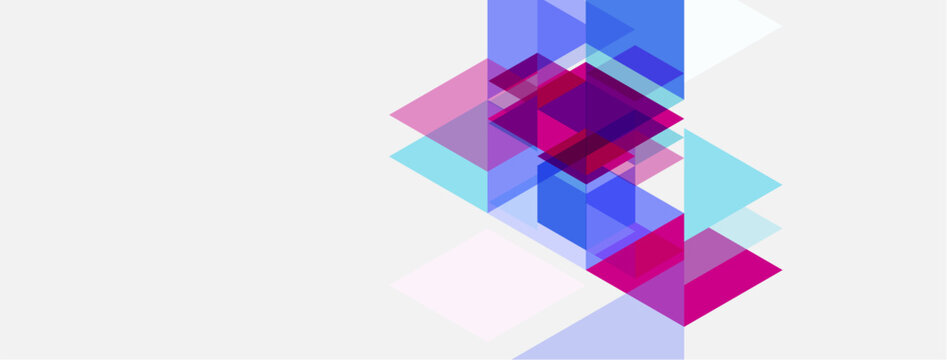 Abstract geometric shapes overlap, creating vibrant pinks, blues, whites. Minimalist design, modern aesthetic, clean composition.