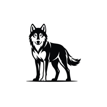 Black silhouette of a Gray wolf stands prominently against a white background