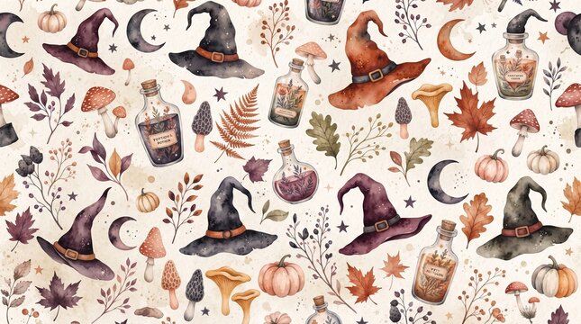 Seamless pattern with witch hats, potion bottles, mushrooms, and autumn leaves for halloween and fall seasonal designs