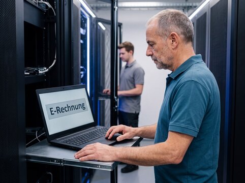 IT-Techniker gibt E-Rechnung am Laptop im Serverraum ein
