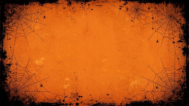 Halloween background with spider webs and spiders on a grunge orange texture