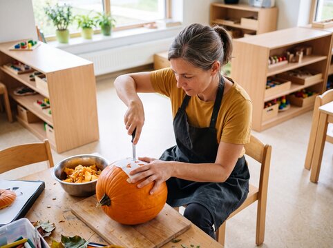 Erzieherin schnitzt K&uuml;rbis am Basteltisch im Kindergarten von oben