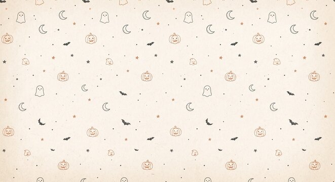 Seamless halloween pattern with cute pumpkins, ghosts, bats, moons, and stars on a textured beige background