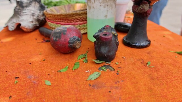 Traditional Aztec Ritual Artifacts Rattle Basket Conch Shell Herbs Mexico