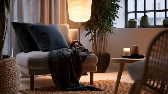 Cozy lounge area with soft cushions  draped blanket  warm lighting  indoor plants  and wooden furniture on woven rug
