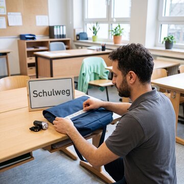Sicherheitsberater klebt Reflektorstreifen auf Schulranzen im Klassenzimmer