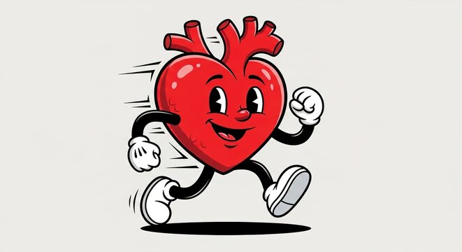 Cardiovascular health and fitness concept vector illustration. Running anatomical heart character with arms and legs. Retro cartoon style artwork for medical clinics wellness programs and sports