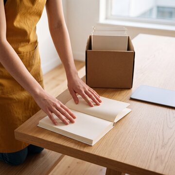 Buchh&auml;ndlerin pr&uuml;ft aufgeschlagenes Buch im Verlag auf Holztisch