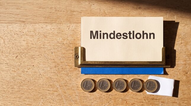 Mindestlohn Stempelkarte mit Euro M&uuml;nzen auf Holztisch von oben